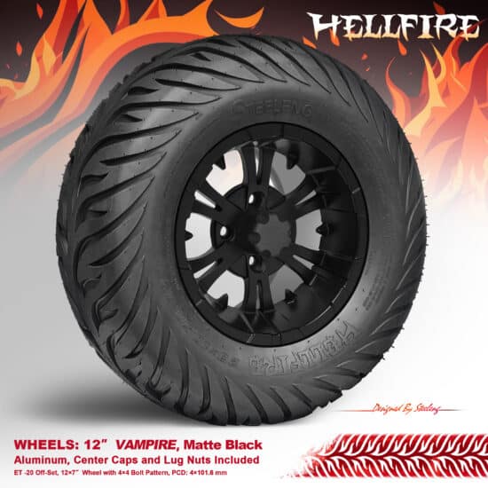 BNDL-TR1215-WH1247-CC0003-LN – SGC 12" Vampire Matte Black Wheel - Aluminum Alloy / STEELENG 23”x10.5”-12” HELLFIRE Street Tire DOT approved