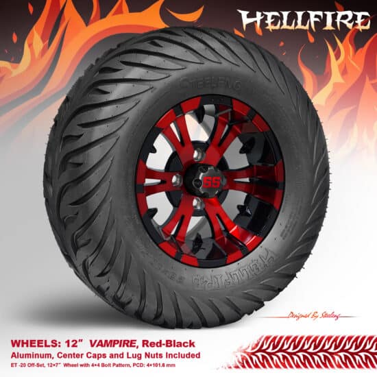 BNDL-TR1215-WH1248-CC0005-LN – SGC 12" Vampire Red-Black Wheel - Aluminum Alloy / STEELENG 23”x10.5”-12” HELLFIRE Street Tire DOT approved
