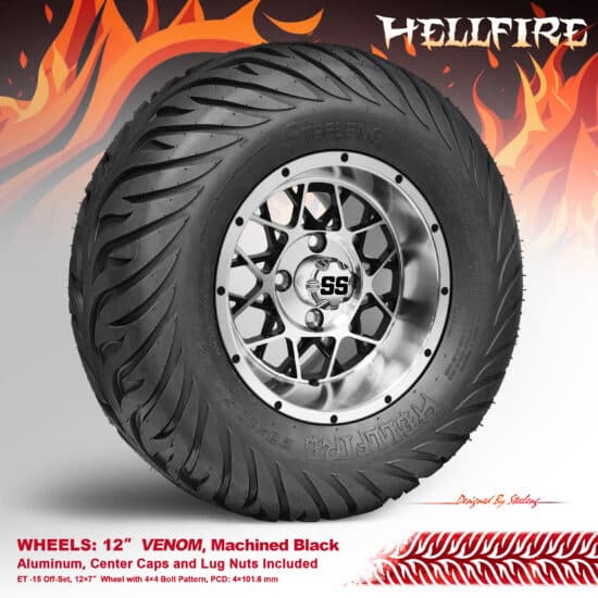 BNDL-TR1215-WH1249-CC0001-LN – SGC 12" Venom Machined/Black Wheel - Aluminum Alloy / STEELENG 23”x10.5”-12” HELLFIRE Street Tire DOT approved