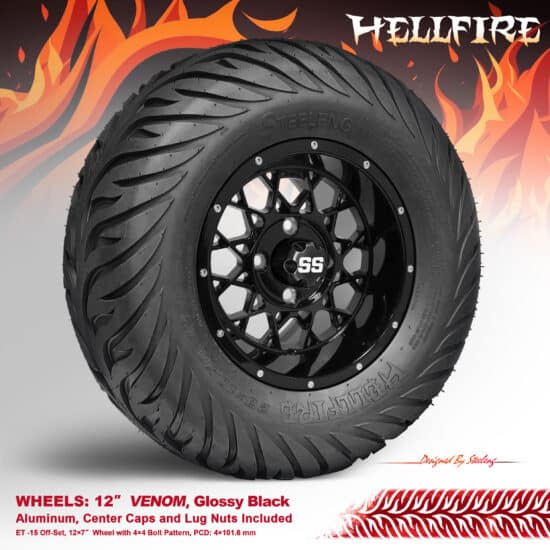 BNDL-TR1215-WH1250-CC0002-LN – SGC 12" Venom Glossy Black Wheel - Aluminum Alloy / STEELENG 23”x10.5”-12” HELLFIRE Street Tire DOT approved
