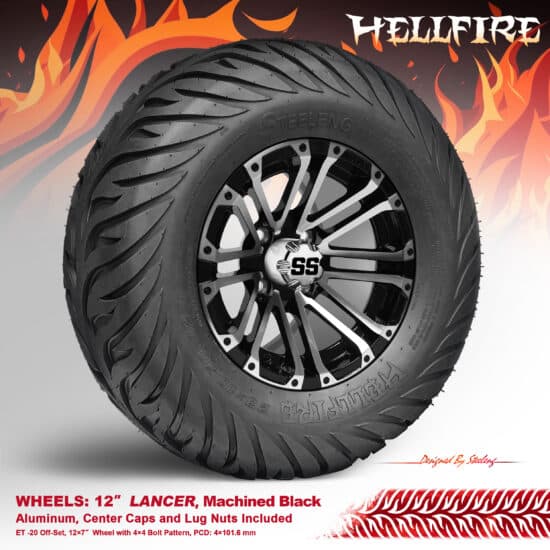 BNDL-TR1215-WH1254-CC0001-LN – SGC 12" Lancer Machined/Black Wheel - Aluminum Alloy / STEELENG 23”x10.5”-12” HELLFIRE Street Tire DOT approved
