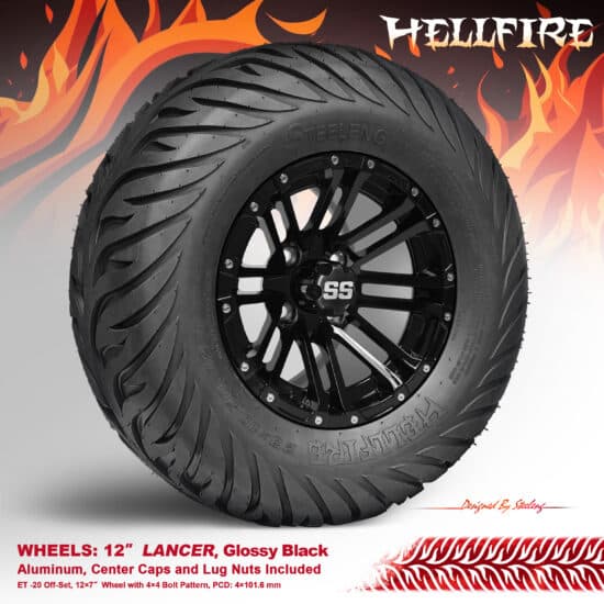 BNDL-TR1215-WH1255-CC0002-LN – SGC 12" Lancer Glossy Black Wheel - Aluminum Alloy / STEELENG 23”x10.5”-12” HELLFIRE Street Tire DOT approved