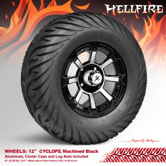 BNDL-TR1215-WH1260-CC0025-LN - SGC 12" Cyclops Machined/Black Wheel - Aluminum Alloy / STEELENG 23”x10.5”-12” HELLFIRE Street Tire DOT approved