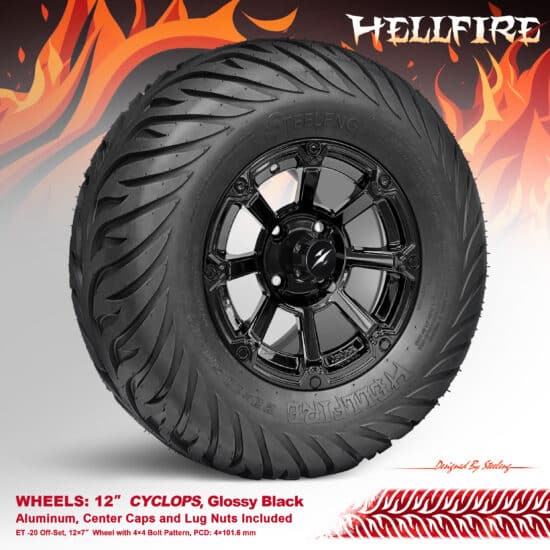 BNDL-TR1215-WH1261-CC0027-LN - SGC 12" Cyclops Glossy Black Wheel - Aluminum Alloy / STEELENG 23”x10.5”-12” HELLFIRE Street Tire DOT approved