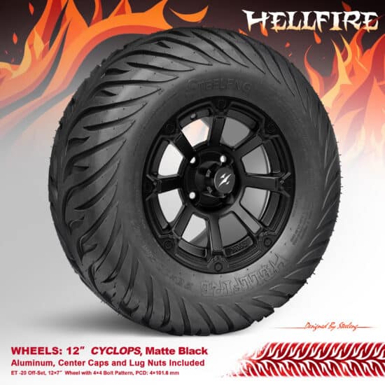 BNDL-TR1215-WH1262-CC0024-LN - SGC 12" Cyclops Matte Black Wheel - Aluminum Alloy / STEELENG 23”x10.5”-12” HELLFIRE Street Tire DOT approved
