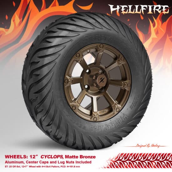 BNDL-TR1215-WH1263-CC0026-LN - SGC 12" Cyclops Bronze Wheel - Aluminum Alloy / STEELENG 23”x10.5”-12” HELLFIRE Street Tire DOT approved