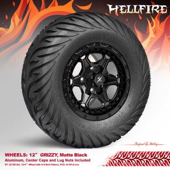 BNDL-TR1215-WH1265-CC0024-LN - SGC 12" Grizzly Matte Black Wheel - Aluminum Alloy / STEELENG 23”x10.5”-12” HELLFIRE Street Tire DOT approved