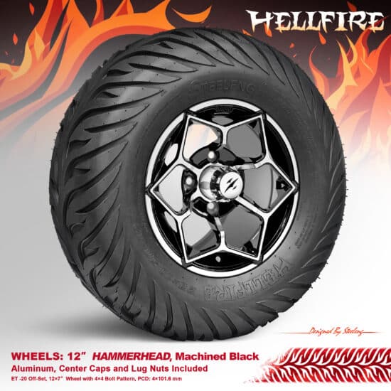 BNDL-TR1215-WH1266-CC0025-LN - SGC 12" Hammerhead Machined/Black Wheel - Aluminum Alloy / STEELENG 23”x10.5”-12” HELLFIRE Street Tire DOT approved