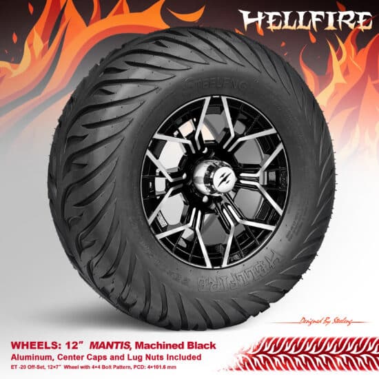 BNDL-TR1215-WH1267-CC0025-LN - SGC 12" Mantis Machined/Black Wheel - Aluminum Alloy / STEELENG 23”x10.5”-12” HELLFIRE Street Tire DOT approved