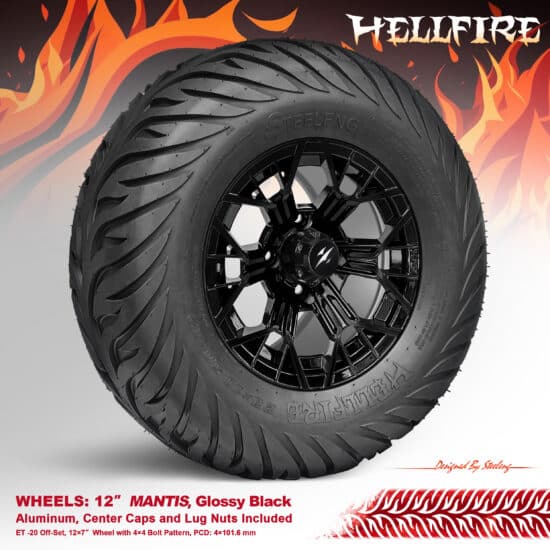 BNDL-TR1215-WH1268-CC0027-LN - SGC 12" Mantis Glossy Black Wheel - Aluminum Alloy / STEELENG 23”x10.5”-12” HELLFIRE Street Tire DOT approved