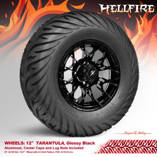 BNDL-TR1215-WH1274-CC0027-LN - SGC 12" Tarantula Glossy Black Wheel - Aluminum Alloy / STEELENG 23”x10.5”-12” HELLFIRE Street Tire DOT approved