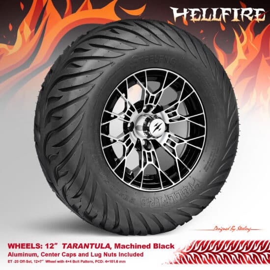 BNDL-TR1215-WH1275-CC0025-LN - SGC 12" Tarantula Machined/Black Wheel - Aluminum Alloy / STEELENG 23”x10.5”-12” HELLFIRE Street Tire DOT approved