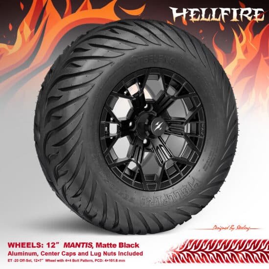 BNDL-TR1215-WH1276-CC0024-LN - SGC 12" Mantis Matte Black Wheel - Aluminum Alloy / STEELENG 23”x10.5”-12” HELLFIRE Street Tire DOT approved