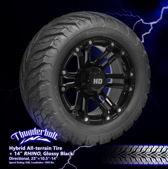 BNDL-TR1407-WH1423-LN-CC0007 – SGC 14" Rhino Glossy Black Wheel - Aluminum Alloy / STEELENG 23"x10.5"-14" Thunder Bolt Hybrid Tire