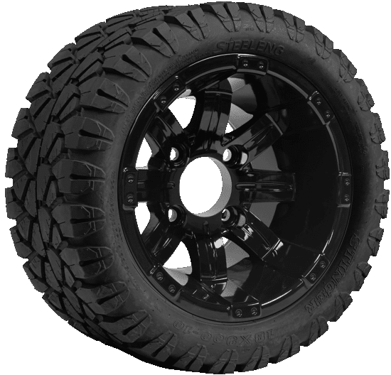 BNDL-TR1004-WH1017-CC0002-LN – SGC 10" Tempest Glossy Black Wheel - Aluminum Alloy / STEELENG 18"x9"-10" STINGER All Terrain Tire DOT approved