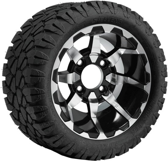 BNDL-TR1004-WH1025-CC0001-LN – SGC 10" Vortex Machined/Black Wheel - Aluminum Alloy / STEELENG 18"x9"-10" STINGER All Terrain Tire DOT approved