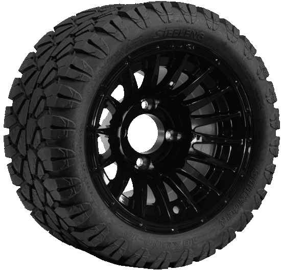 BNDL-TR1004-WH1027-CC0002-LN – SGC 10" Medusa Glossy Black Wheel - Aluminum Alloy / STEELENG 18"x9"-10" STINGER All Terrain Tire DOT approved