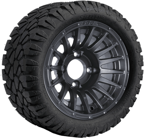 BNDL-TR1004-WH1028-CC0001-LN – SGC 10" Medusa Machined/Gunmetal Wheel - Aluminum Alloy / STEELENG 18"x9"-10" STINGER All Terrain Tire DOT approved