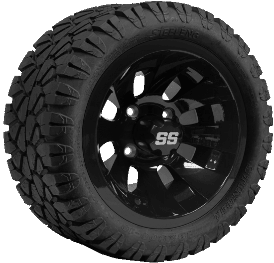 BNDL-TR1004-WH1029-CC0002-LN – SGC 10" Revolver Glossy Black Wheel - Aluminum Alloy / STEELENG 18"x9"-10" STINGER All Terrain Tire DOT approved