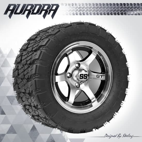 BNDL-TR1281-WH1209-CC0001-LN – SGC 12" GT Machined/Black Wheel - Aluminum Alloy / STEELENG 22″x10.5″-12″ QH AT AURORA tire