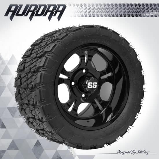 BNDL-TR1281-WH1203-CC0002-LN – SGC 12" Darkside Glossy Black Wheel - Aluminum Alloy / STEELENG 22″x10.5″-12″ QH AT AURORA tire