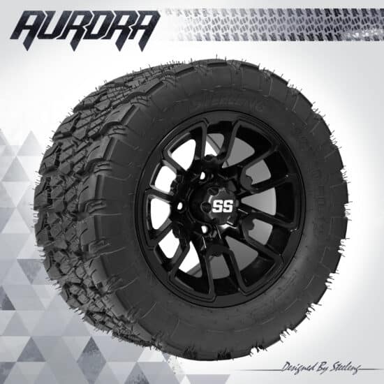 BNDL-TR1281-WH1214-CC0002-LN – SGC 12" Lizard Glossy Black Wheel - Aluminum Alloy / STEELENG 22″x10.5″-12″ QH AT AURORA tire
