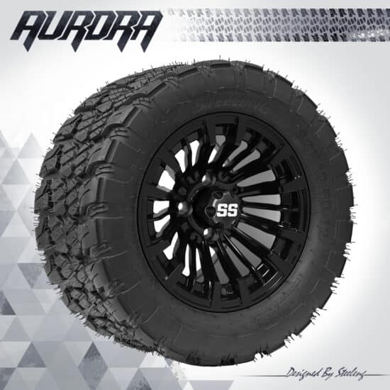 BNDL-TR1281-WH1218-CC0002-LN – SGC 12" Matador Glossy Black Wheel - Aluminum Alloy / STEELENG 22″x10.5″-12″ QH AT AURORA tire