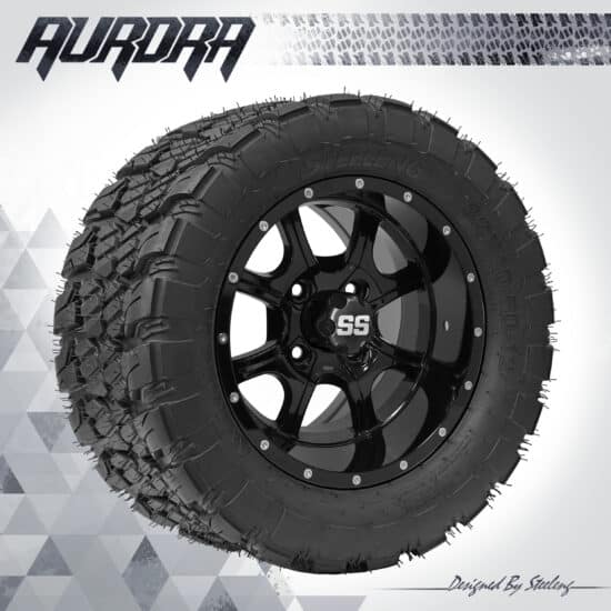 BNDL-TR1281-WH1221-CC0002-LN – SGC 12" Night Stalker Glossy Black Wheel - Aluminum Alloy / STEELENG 22″x10.5″-12″ QH AT AURORA tire