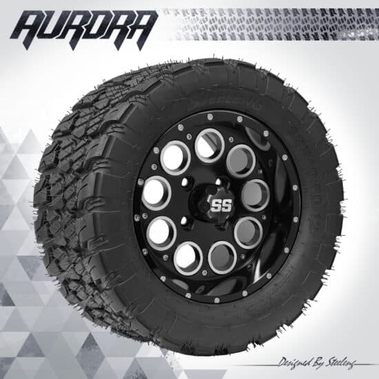 BNDL-TR1281-WH1224-CC0002-LN – SGC 12" Pioneer Glossy Black Wheel - Aluminum Alloy / STEELENG 22″x10.5″-12″ QH AT AURORA tire
