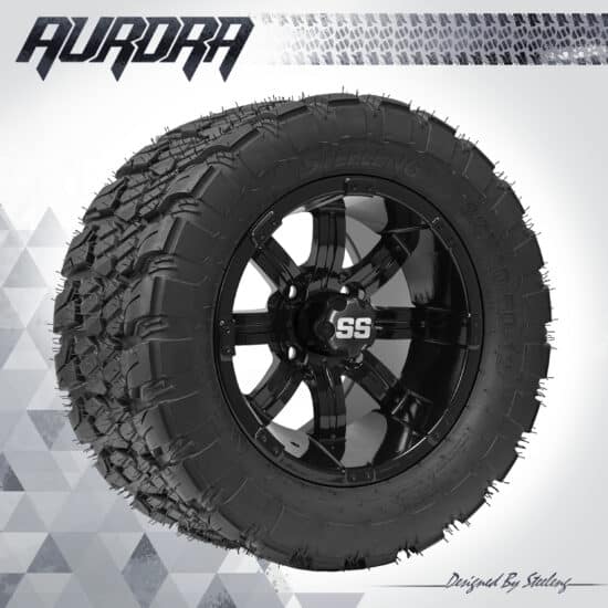 BNDL-TR1281-WH1232-CC0002-LN – SGC 12" Tempest Glossy Black Wheel - Aluminum Alloy / STEELENG 22″x10.5″-12″ QH AT AURORA tire