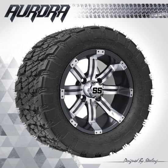 BNDL-TR1281-WH1233-CC0001-LN – SGC 12" Tempest Machined/Gunmetal Wheel - Aluminum Alloy / STEELENG 22″x10.5″-12″ QH AT AURORA tire