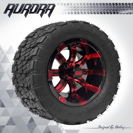 BNDL-TR1281-WH1235-CC0001-LN – SGC 12" Tempest Red/Black Wheel - Aluminum Alloy / STEELENG 22″x10.5″-12″ QH AT AURORA tire