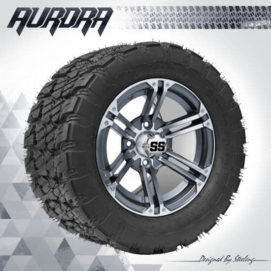 BNDL-TR1281-WH1238-CC0001-LN – SGC 12" Terminator Machined/Gunmetal Wheel - Aluminum Alloy / STEELENG 22″x10.5″-12″ QH AT AURORA tire