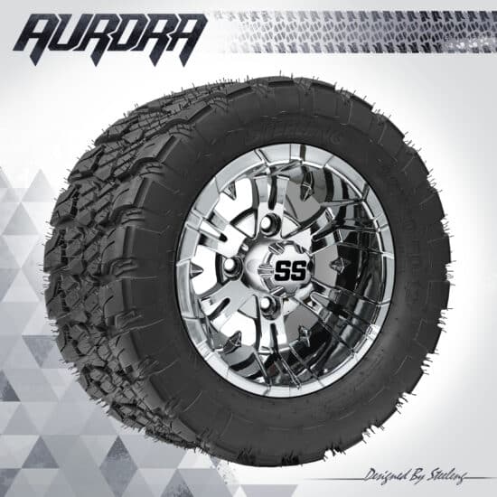 BNDL-TR1281-WH1243-CC0001-LN – SGC 12" Vampire Chrome Wheel - Aluminum Alloy / STEELENG 22″x10.5″-12″ QH AT AURORA tire